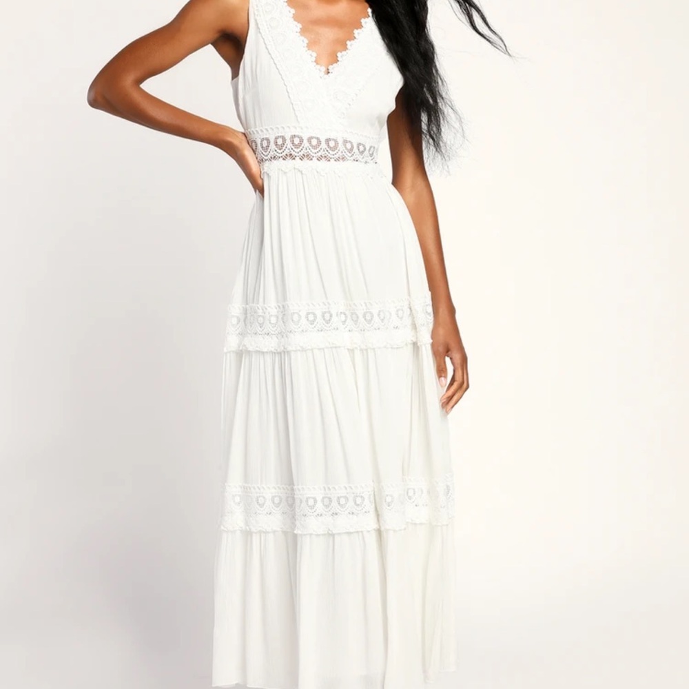 Lulus Spanish Sun White Sleeveless Tiered Lace Maxi Dress